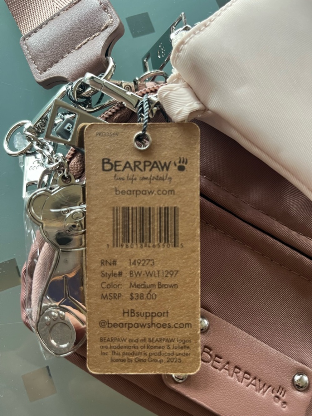 BearPaw Medium Brown Wristlet with Cream Detachable Coin Pouch & bearcharm - Picture 4 of 4